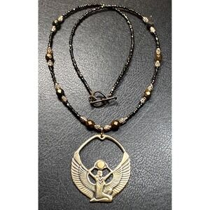 elegant handcrafted 20" beaded necklace with brass art deco style pendant